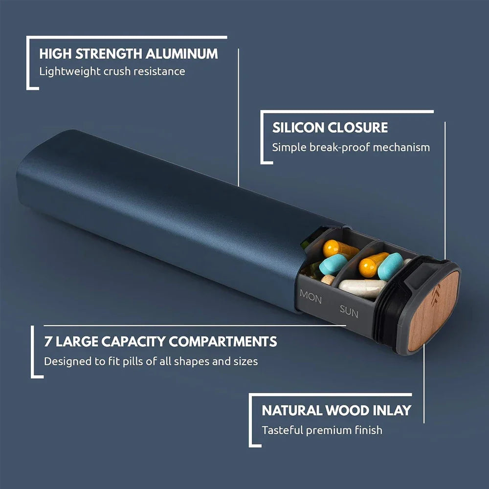 Sleek 7-Day Aluminum and Wood Pill Organizer