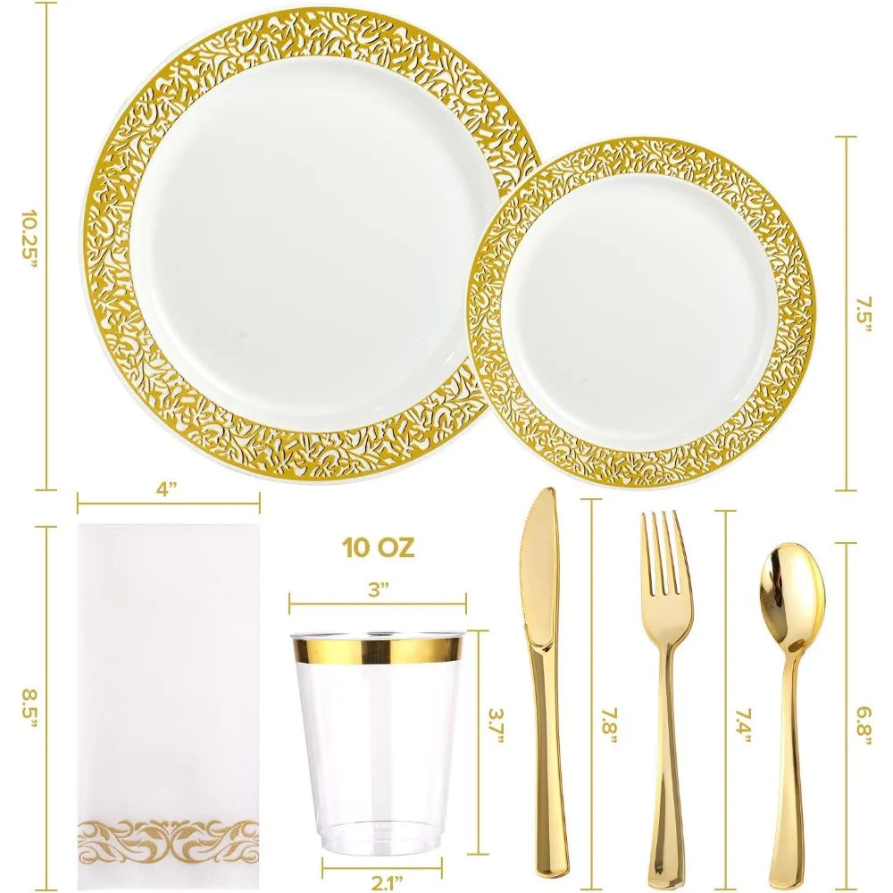 350-Piece Disposable Gold Lace Dinnerware Set for 50 Guests