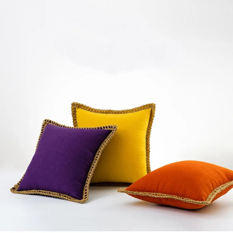 French-Inspired Colorful Linen Pillow Covers with Braid Trim