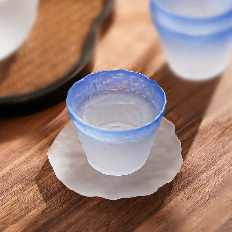 Ombre Blue Glass Sake Set with Carafe, Cups, and Tray