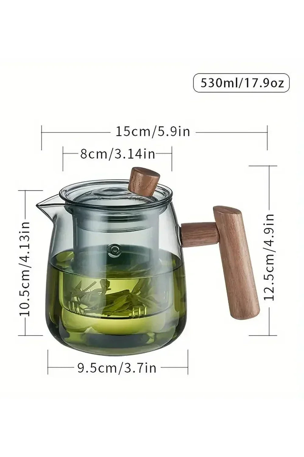 Wooden Handle Glass Teapot with Rounded Body and Front Spout
