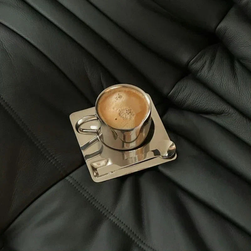 Stainless Steel Coffee Cup with Tray and Spoon