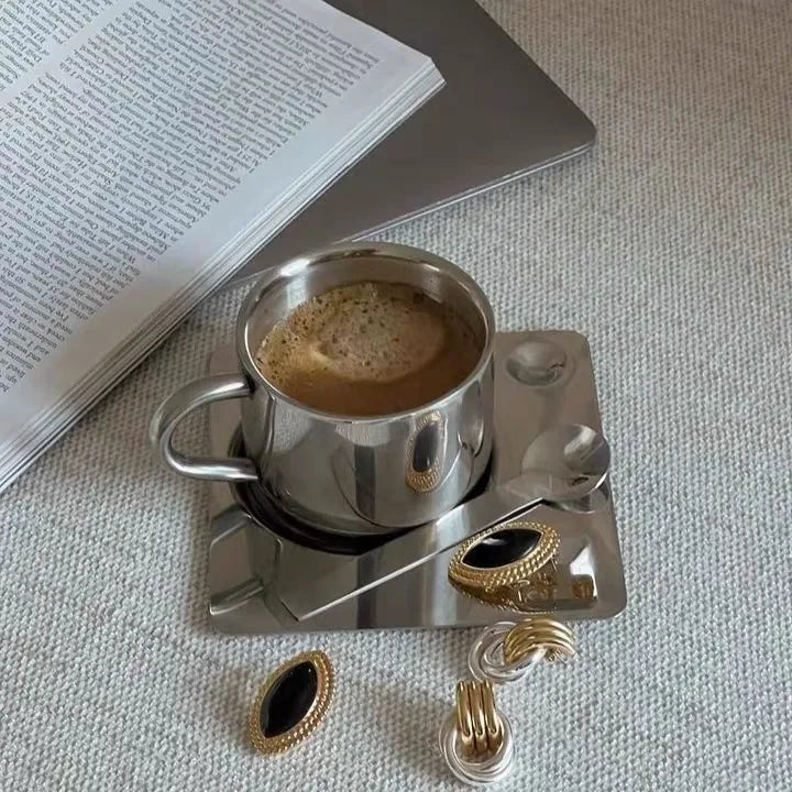 Stainless Steel Coffee Cup with Tray and Spoon