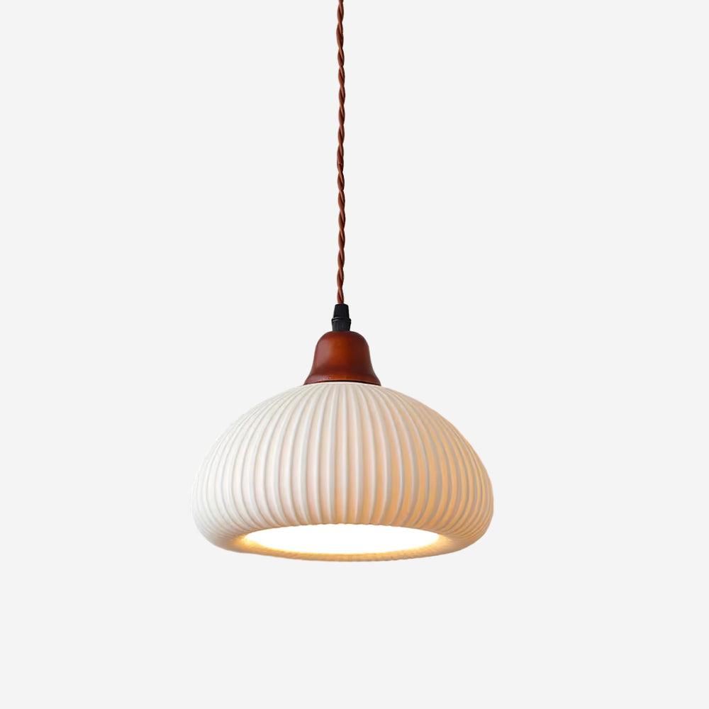 Ceramic Pendant Lamp with Wooden Accents and Grooved Design
