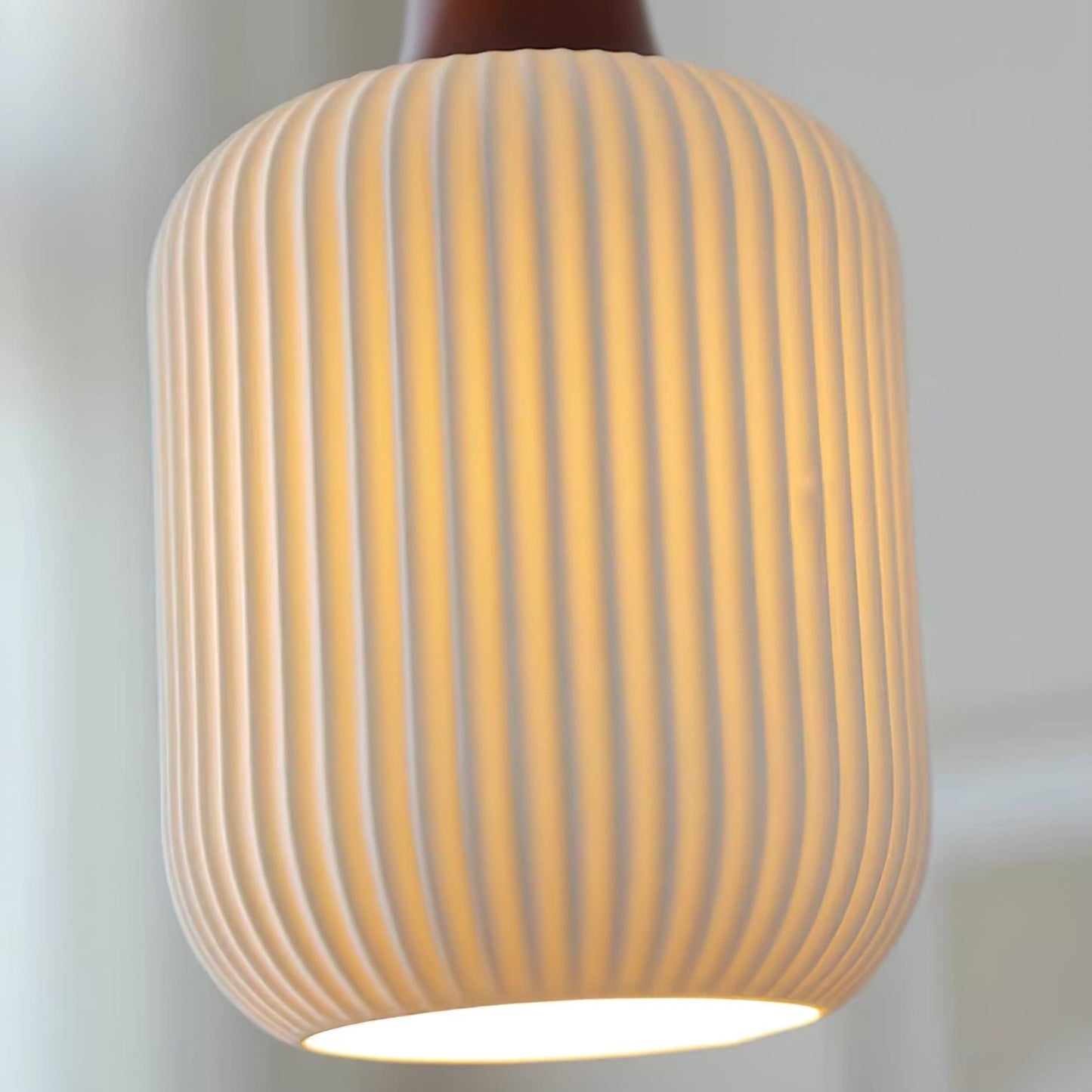 Ceramic Pendant Lamp with Wooden Accents and Grooved Design