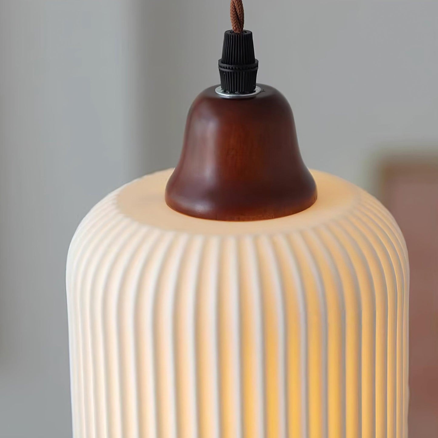 Ceramic Pendant Lamp with Wooden Accents and Grooved Design