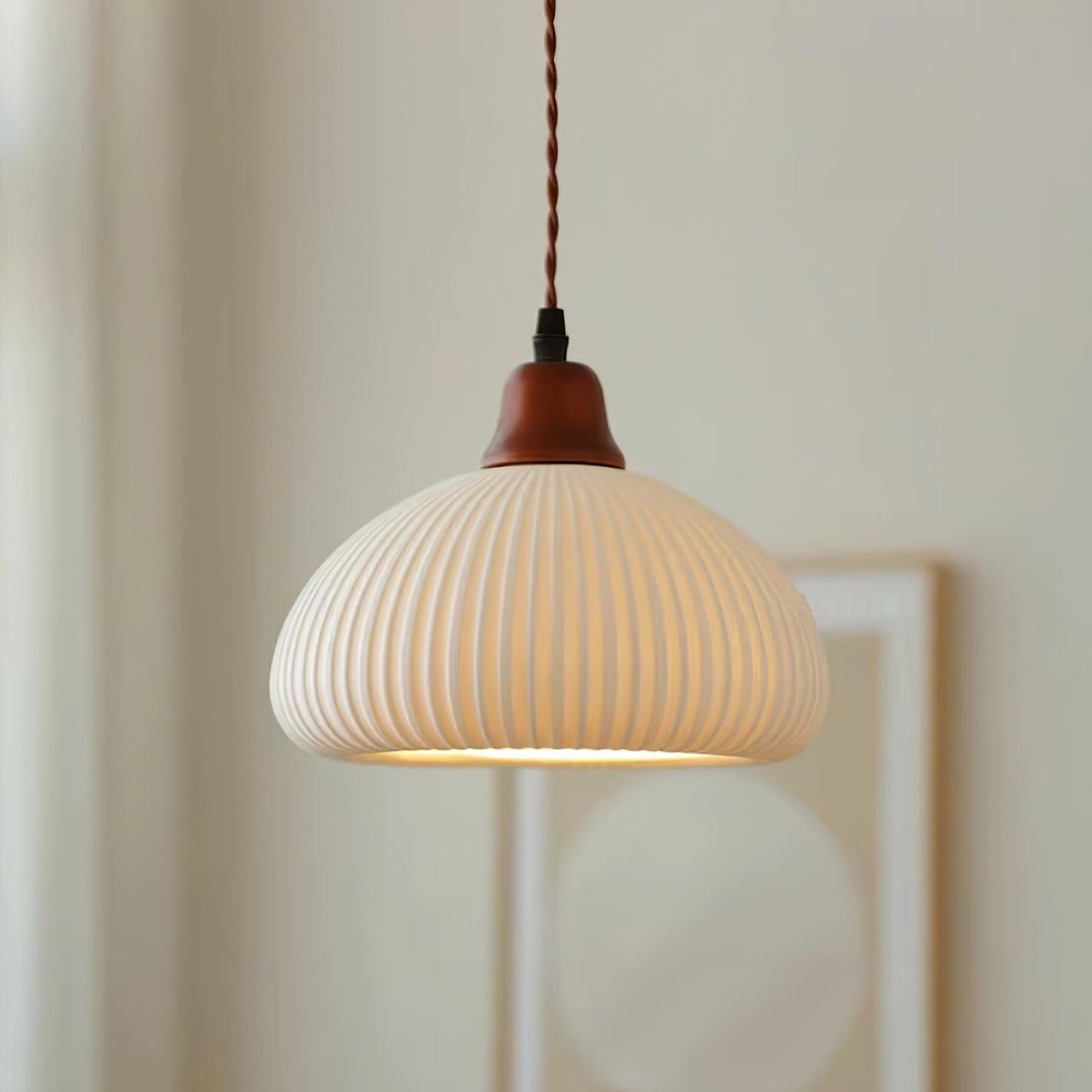 Ceramic Pendant Lamp with Wooden Accents and Grooved Design