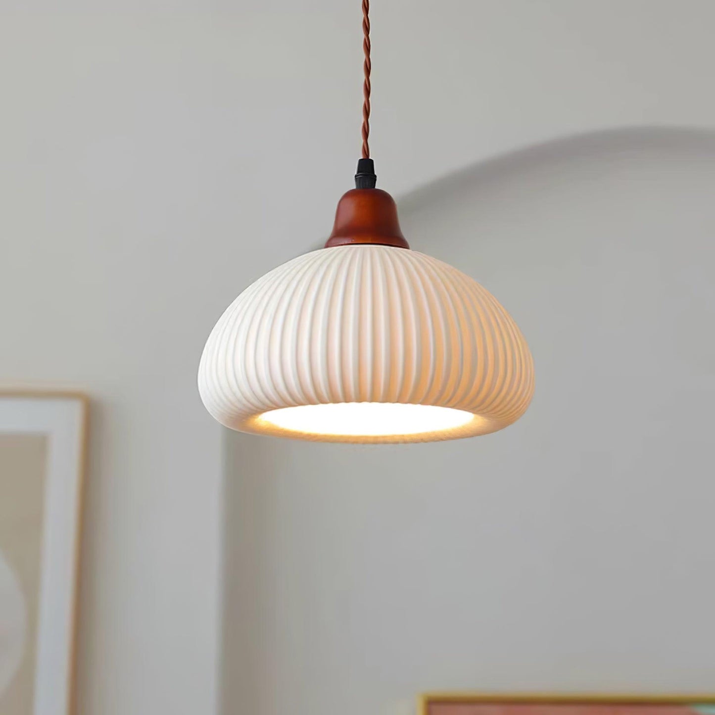 Ceramic Pendant Lamp with Wooden Accents and Grooved Design