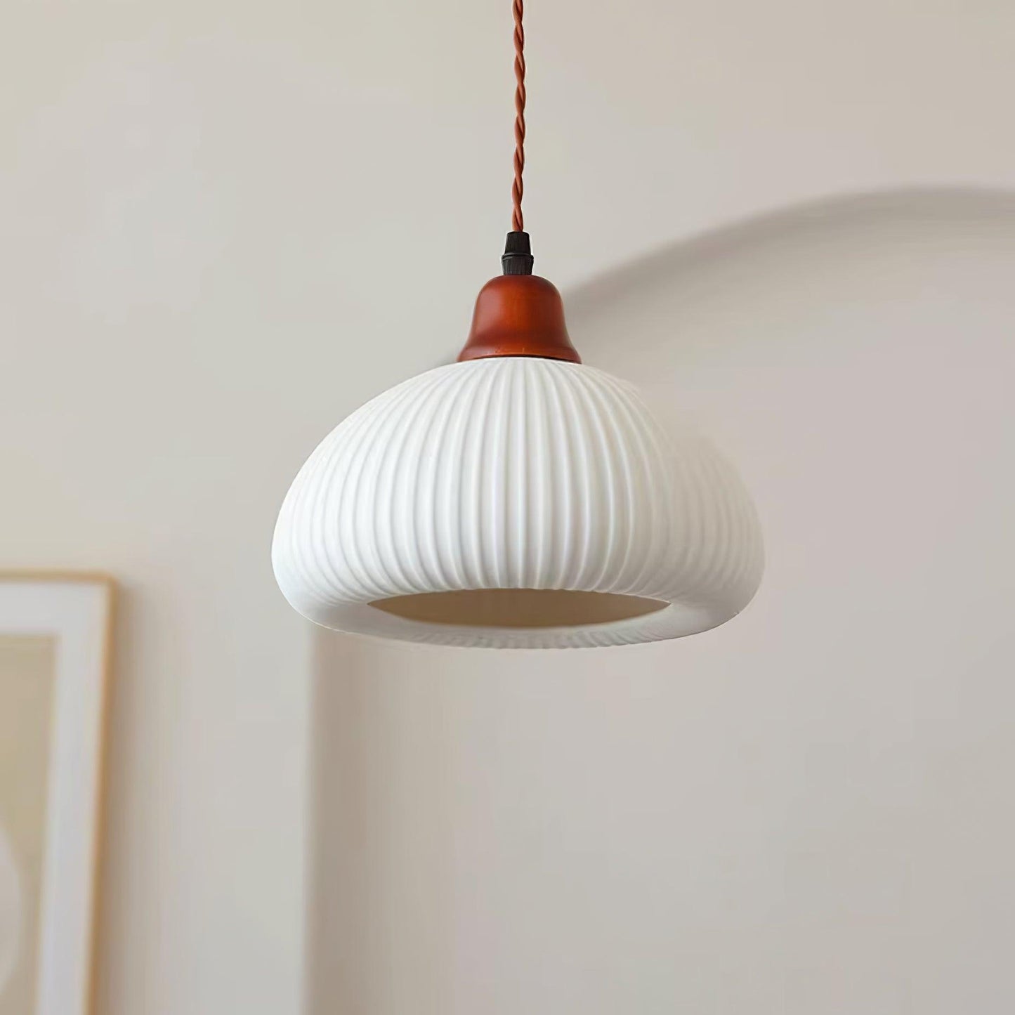 Ceramic Pendant Lamp with Wooden Accents and Grooved Design
