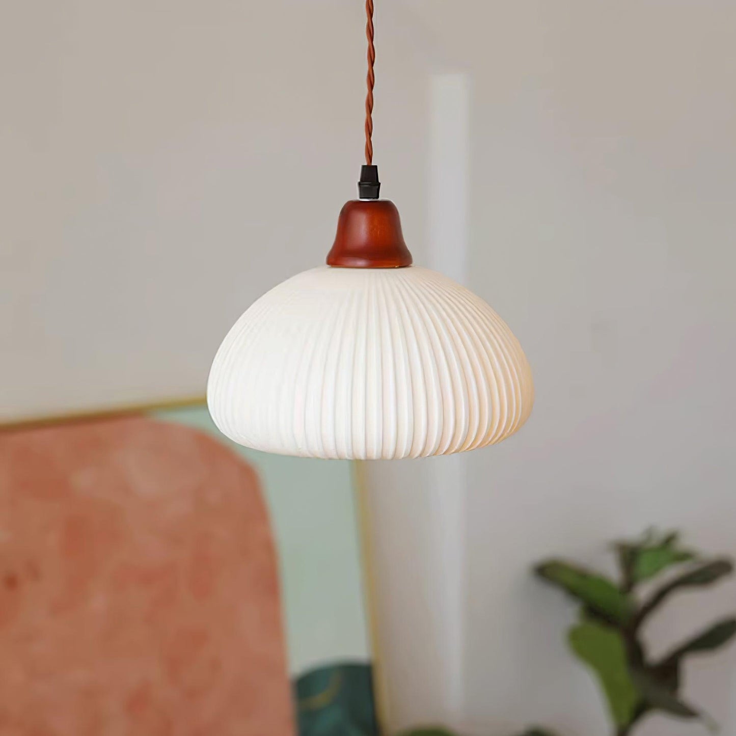 Ceramic Pendant Lamp with Wooden Accents and Grooved Design