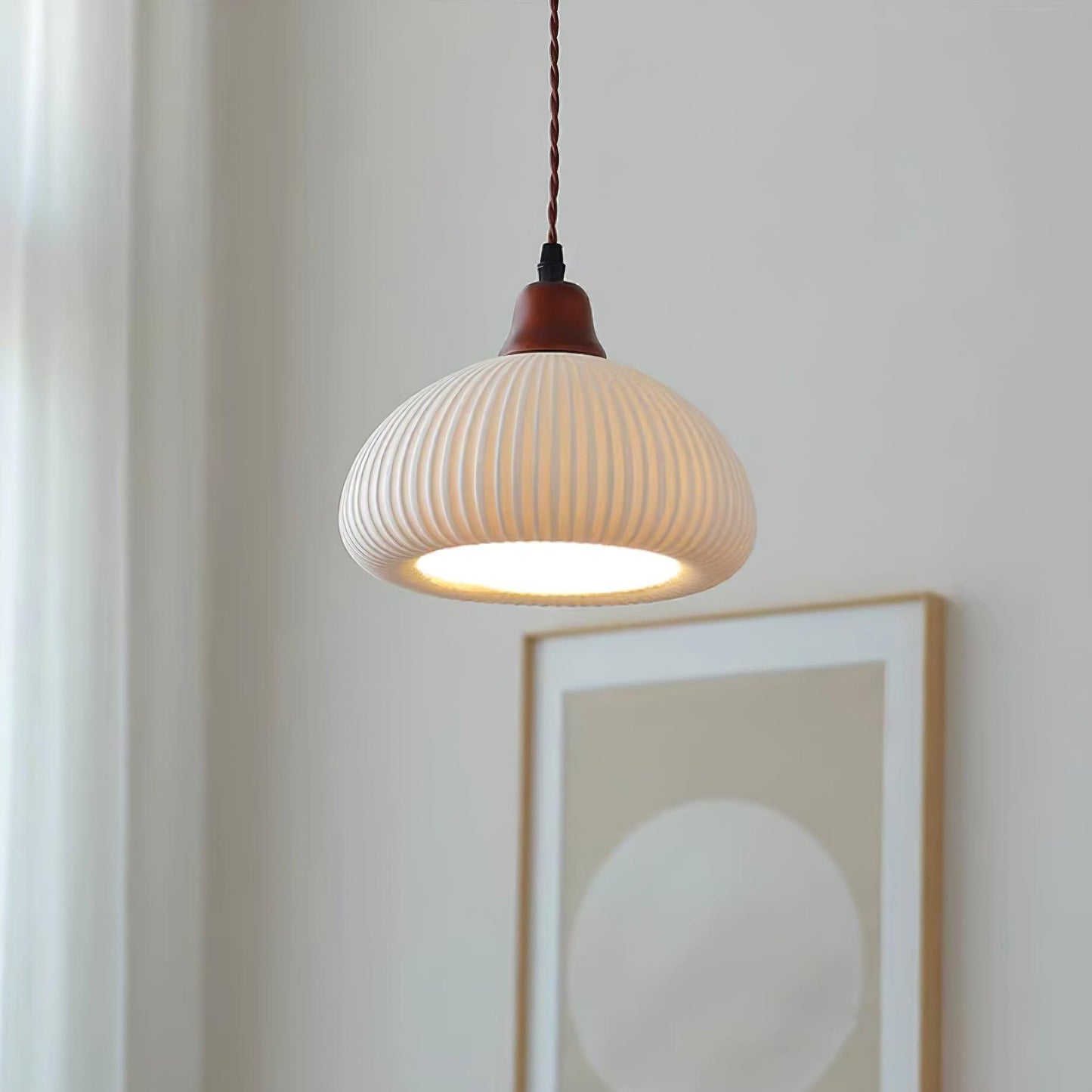 Ceramic Pendant Lamp with Wooden Accents and Grooved Design
