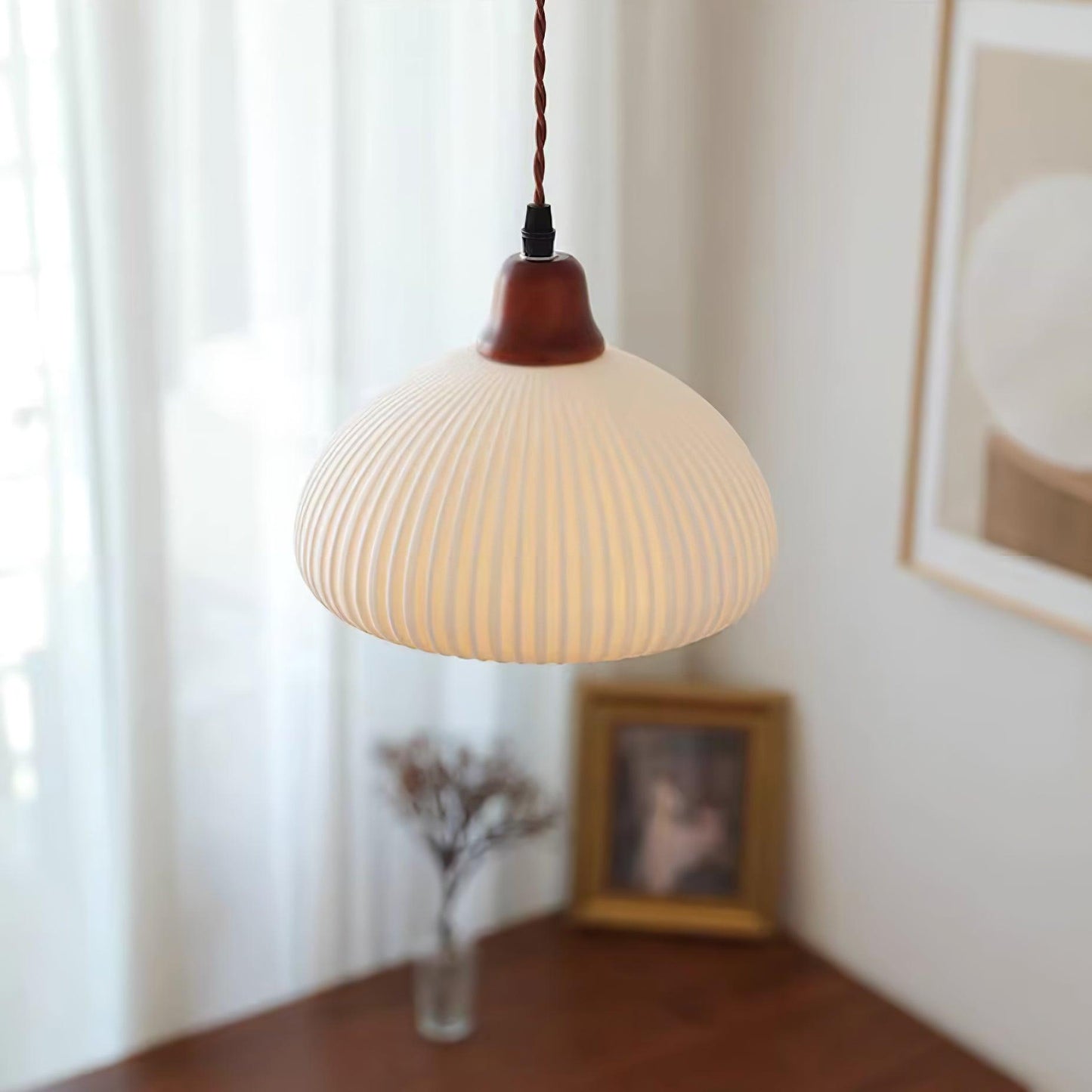 Ceramic Pendant Lamp with Wooden Accents and Grooved Design