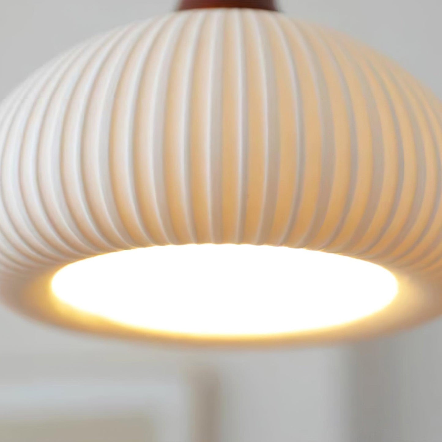 Ceramic Pendant Lamp with Wooden Accents and Grooved Design