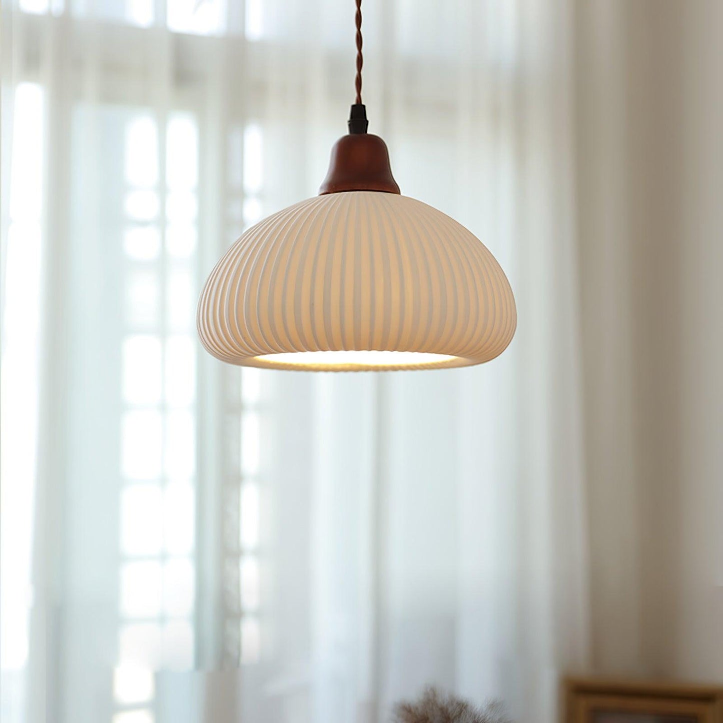 Ceramic Pendant Lamp with Wooden Accents and Grooved Design