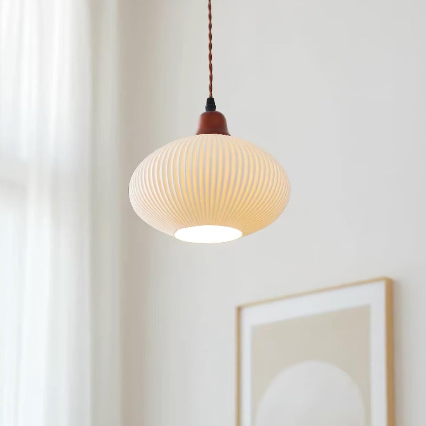 Ceramic Pendant Lamp with Wooden Accents and Grooved Design