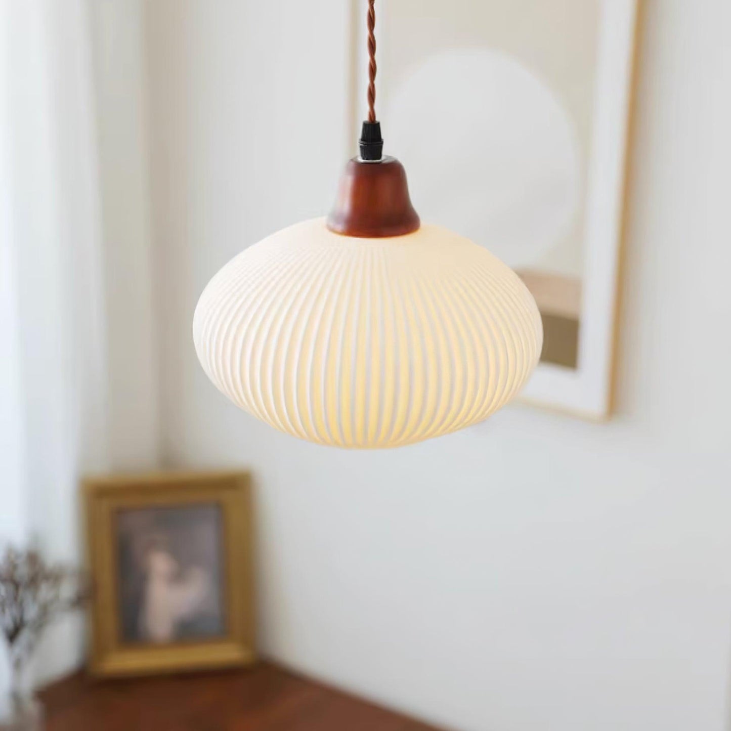 Ceramic Pendant Lamp with Wooden Accents and Grooved Design