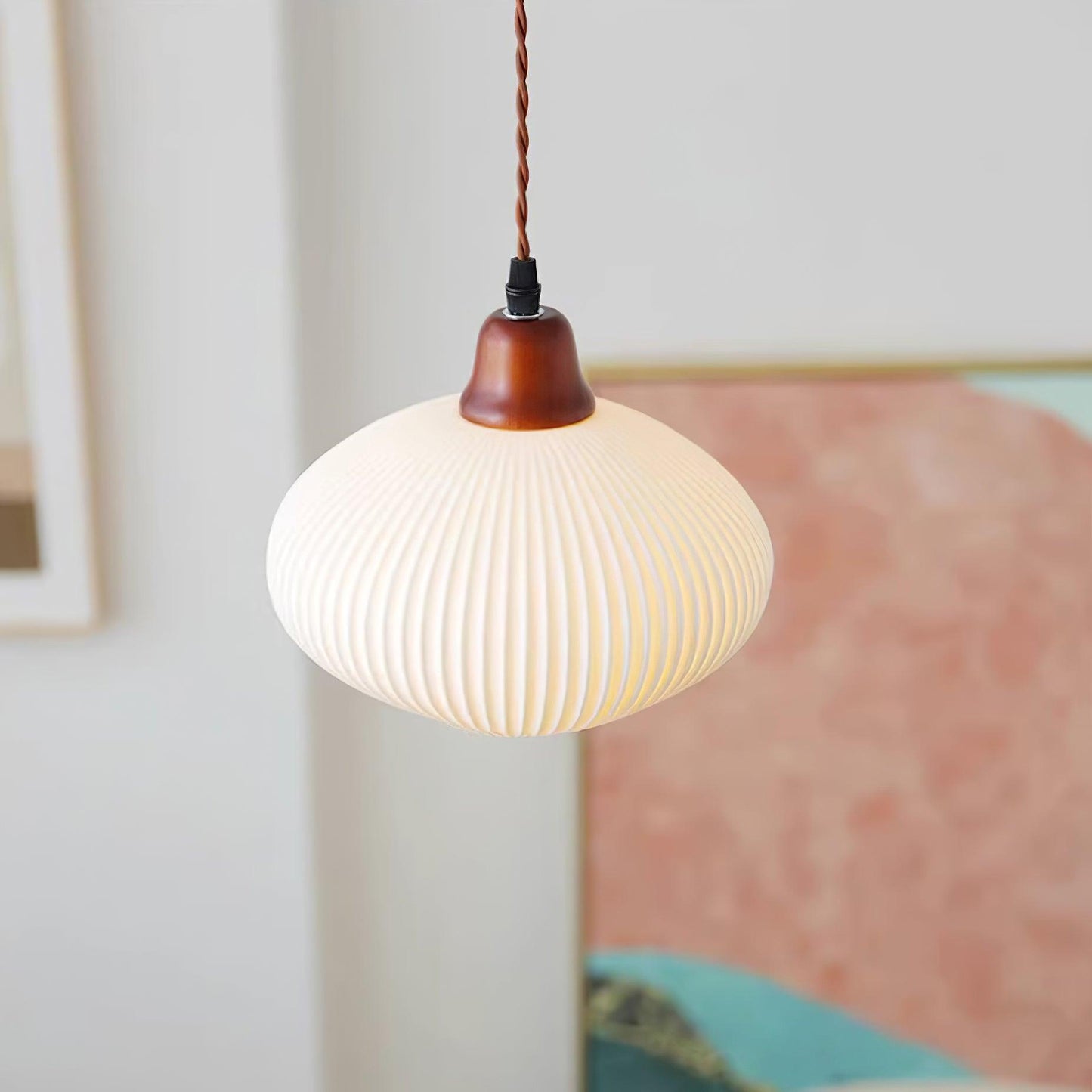 Ceramic Pendant Lamp with Wooden Accents and Grooved Design