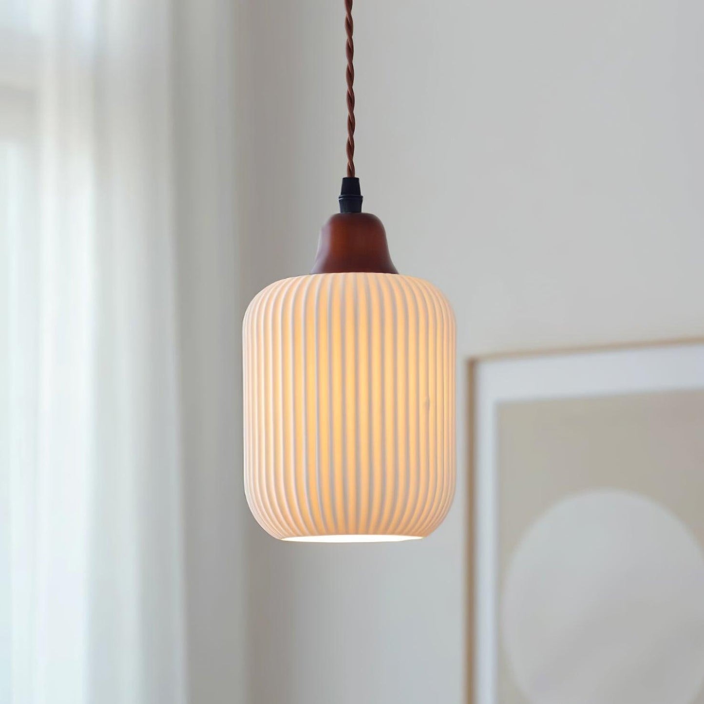 Ceramic Pendant Lamp with Wooden Accents and Grooved Design