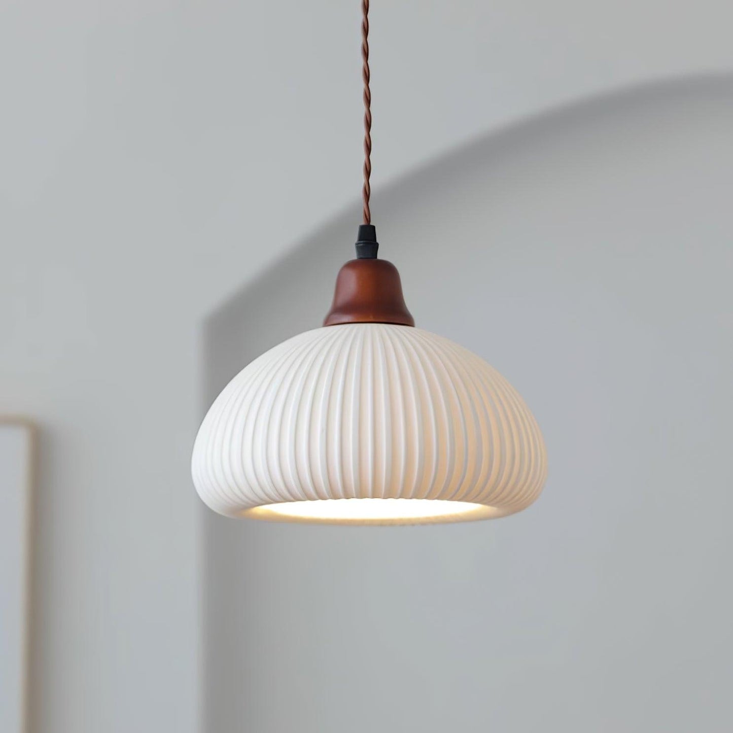 Ceramic Pendant Lamp with Wooden Accents and Grooved Design
