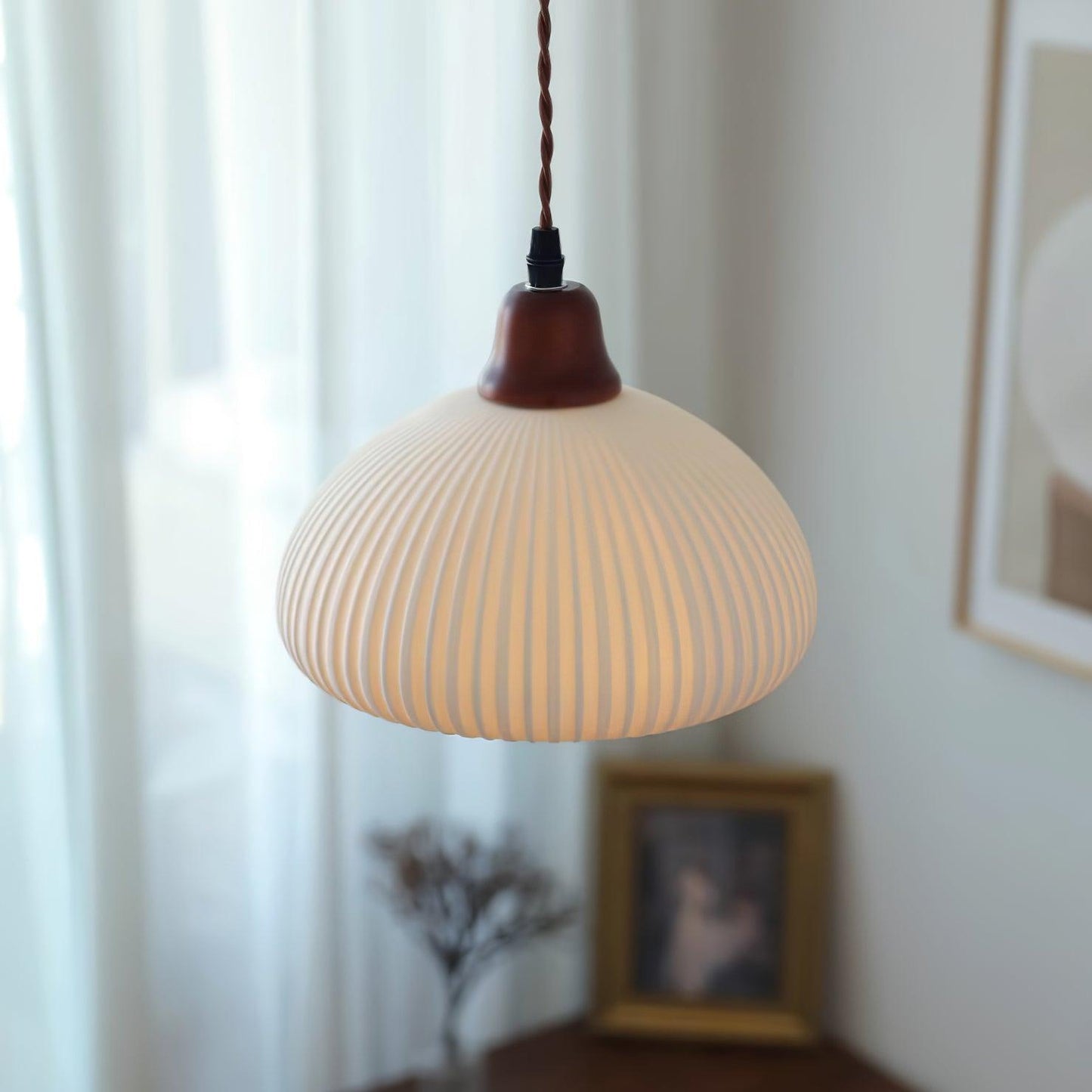 Ceramic Pendant Lamp with Wooden Accents and Grooved Design