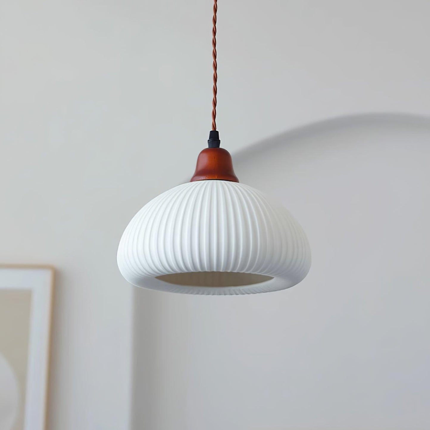 Ceramic Pendant Lamp with Wooden Accents and Grooved Design