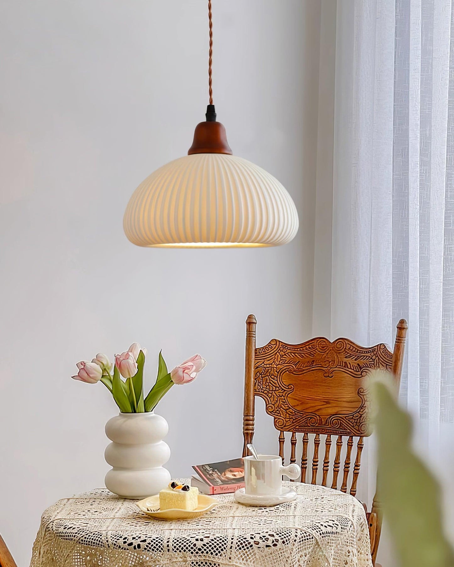 Ceramic Pendant Lamp with Wooden Accents and Grooved Design