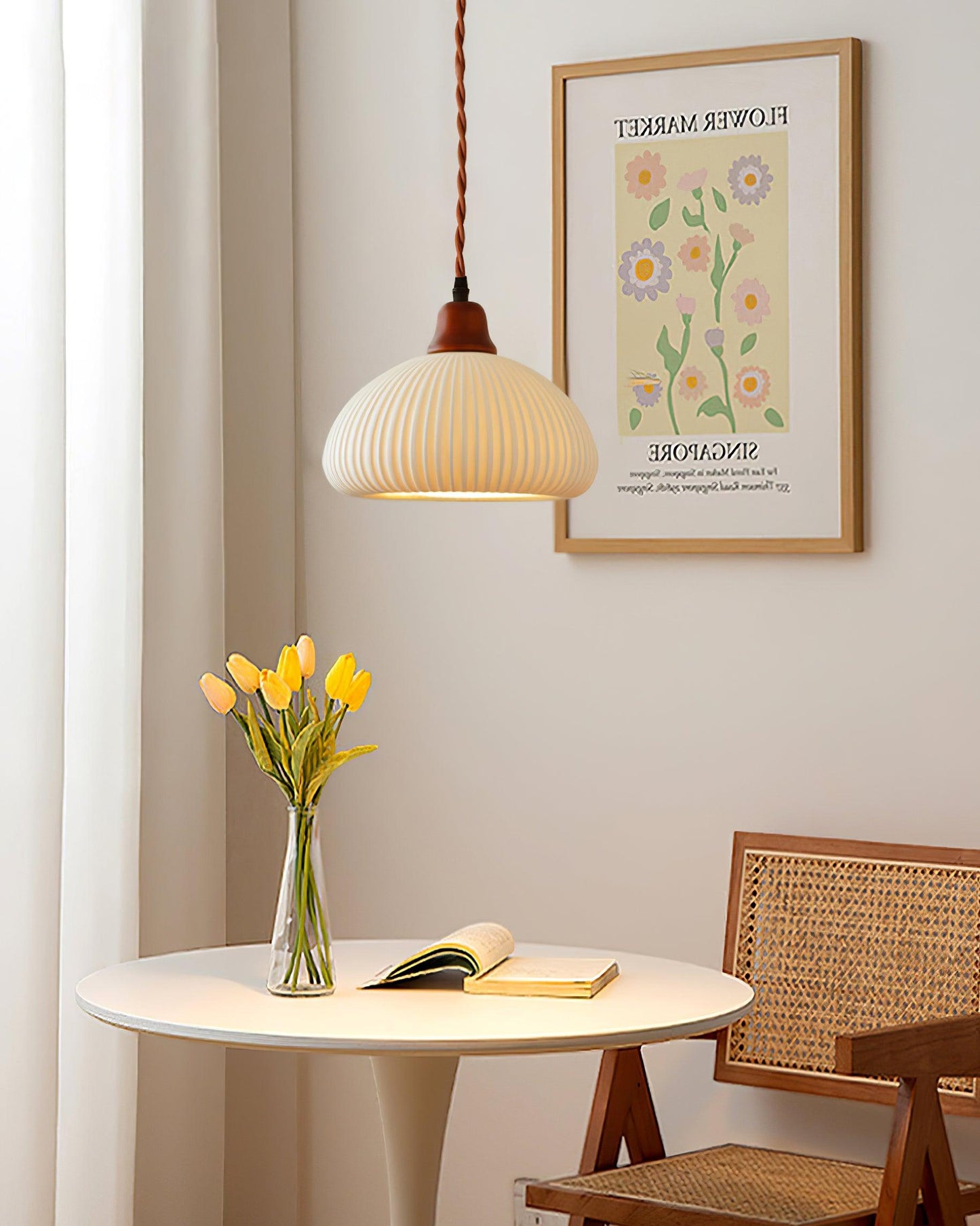 Ceramic Pendant Lamp with Wooden Accents and Grooved Design