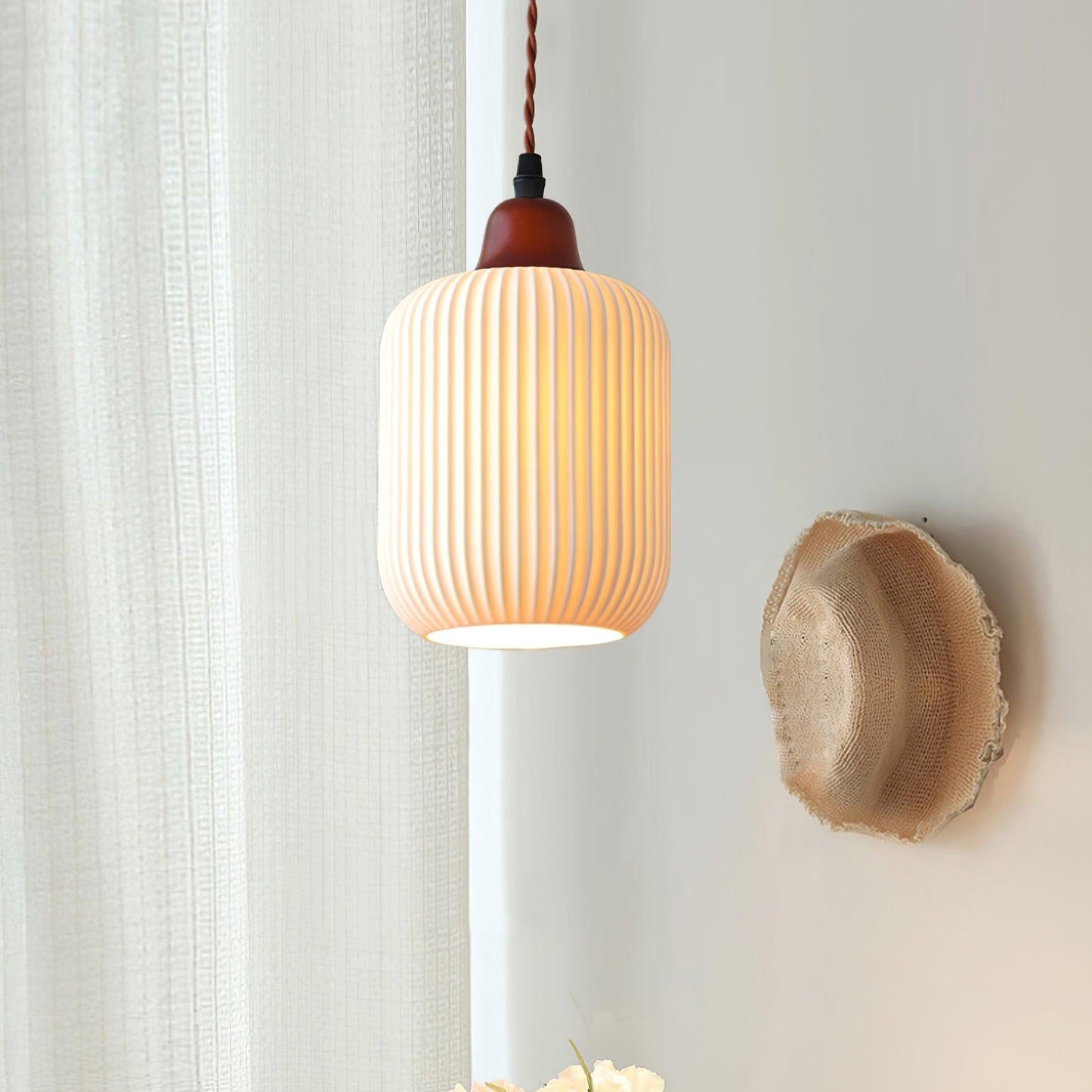 Ceramic Pendant Lamp with Wooden Accents and Grooved Design