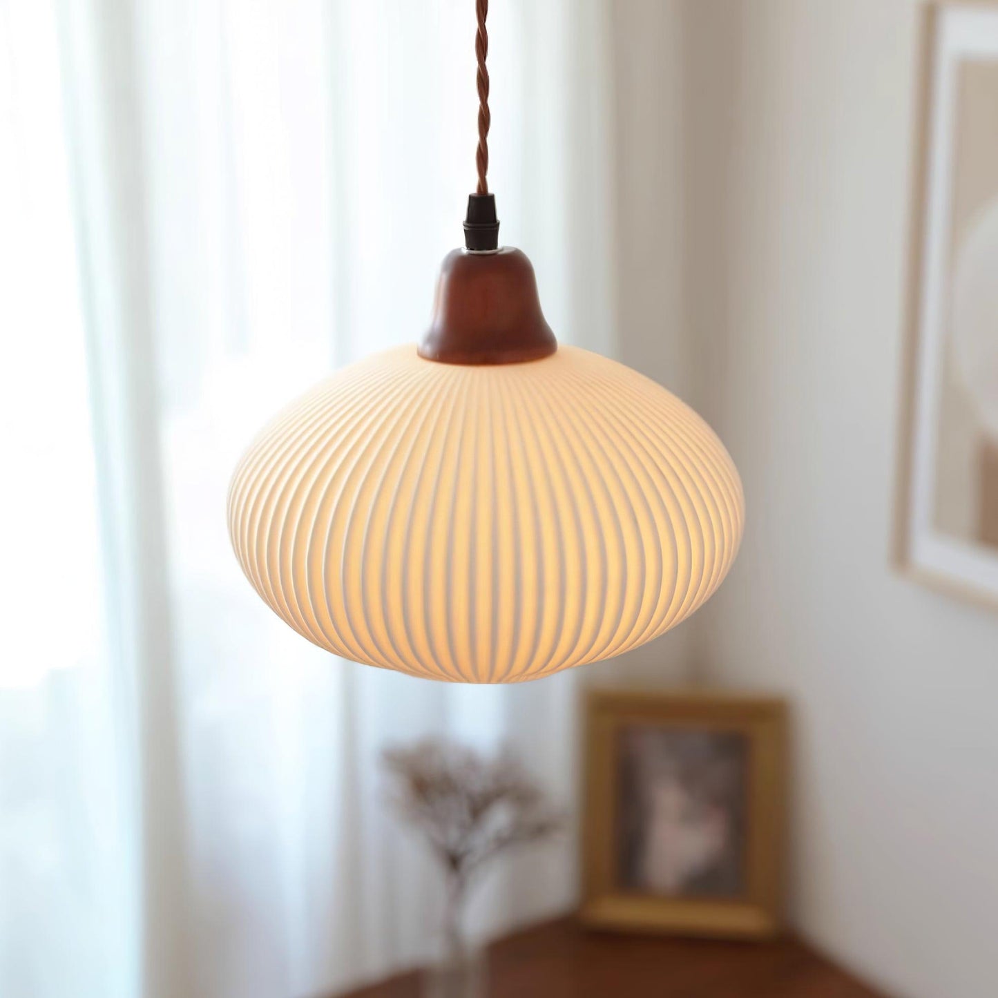 Ceramic Pendant Lamp with Wooden Accents and Grooved Design