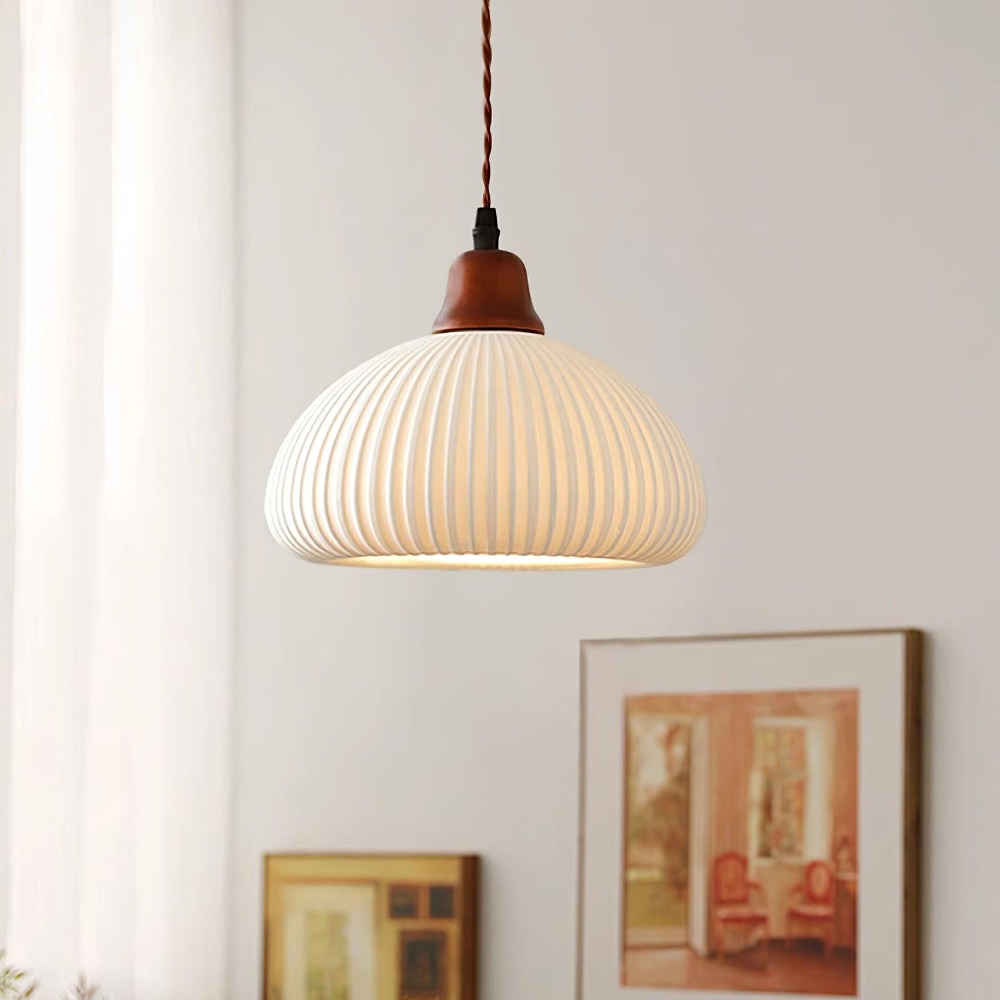 Ceramic Pendant Lamp with Wooden Accents and Grooved Design