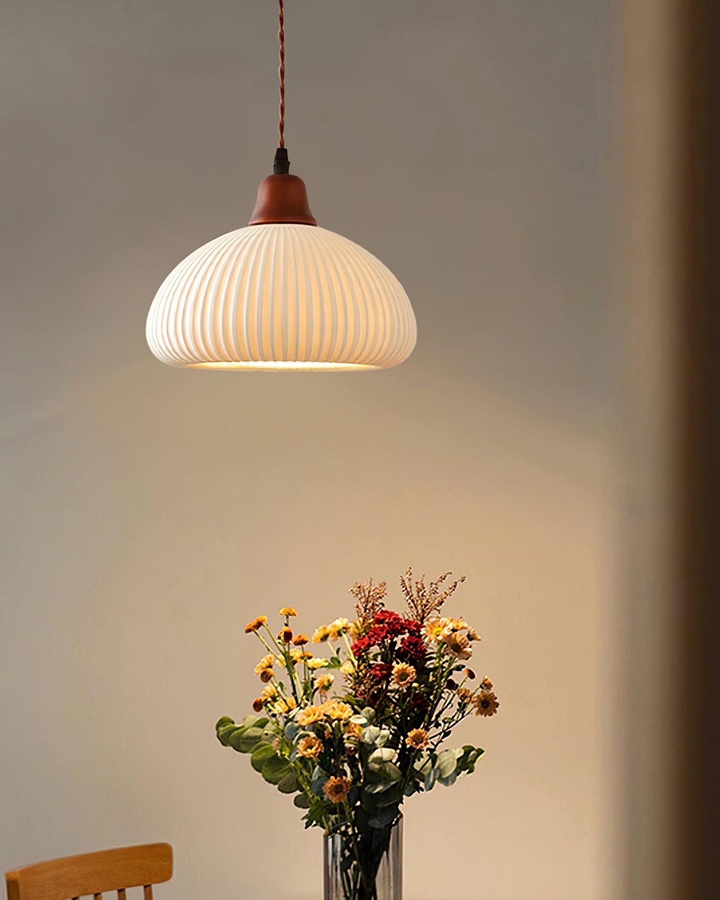 Ceramic Pendant Lamp with Wooden Accents and Grooved Design