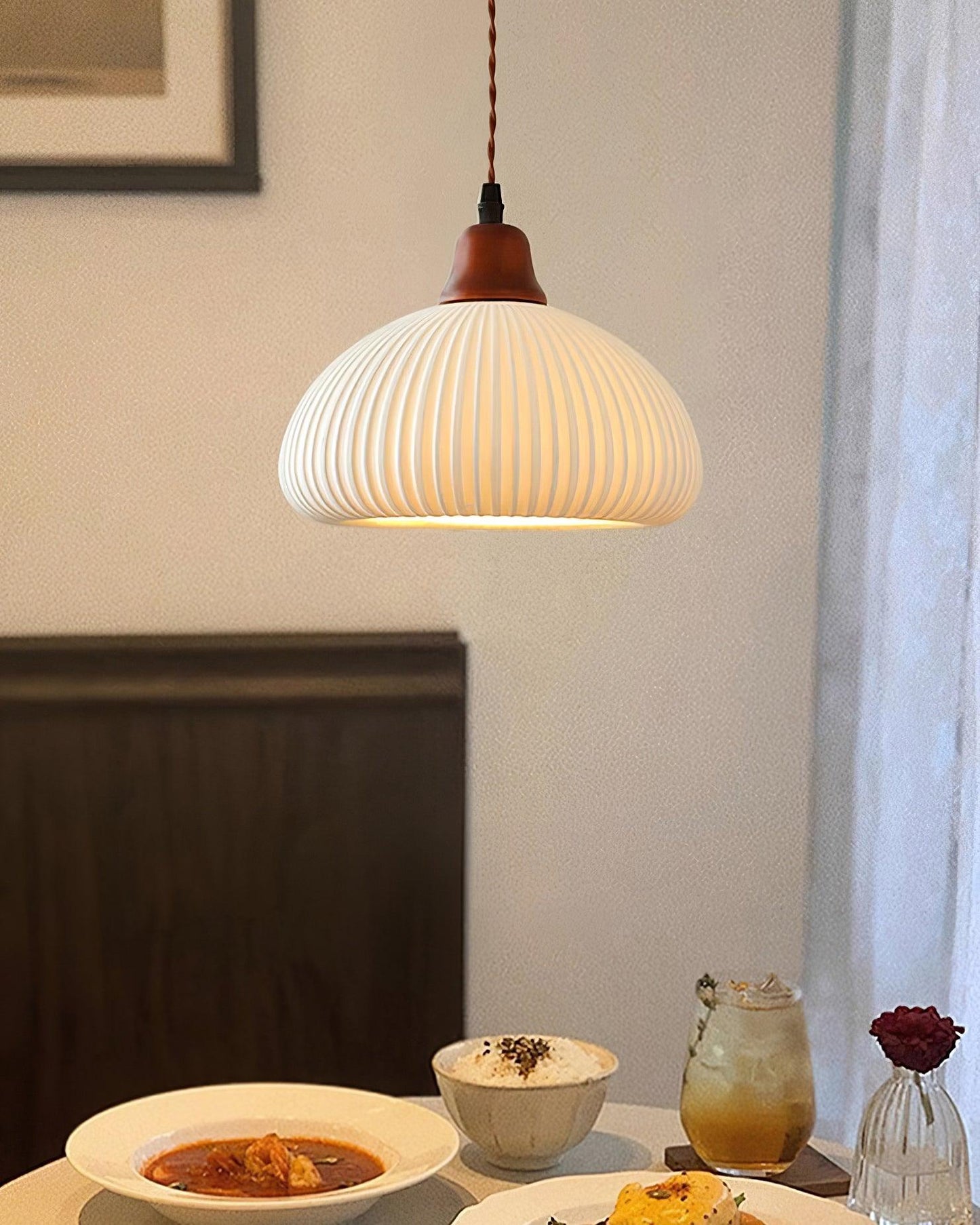 Ceramic Pendant Lamp with Wooden Accents and Grooved Design