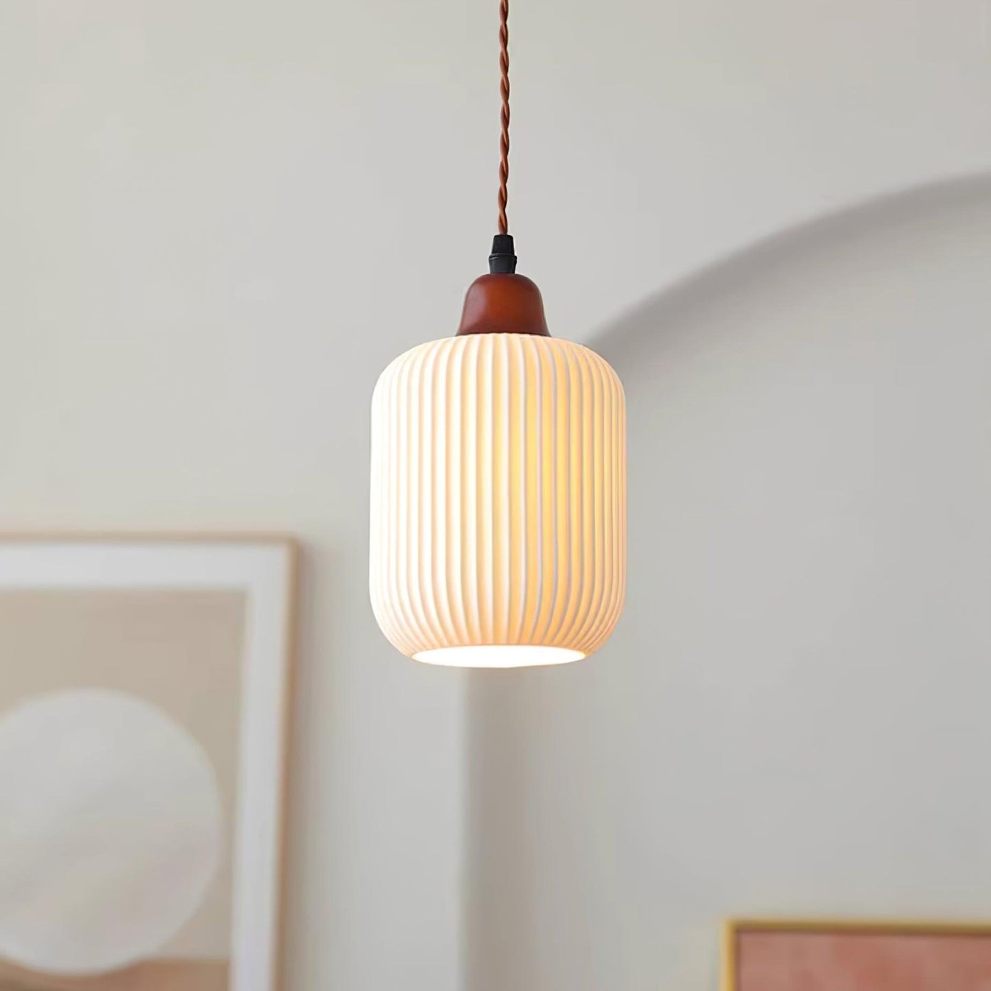 Ceramic Pendant Lamp with Wooden Accents and Grooved Design