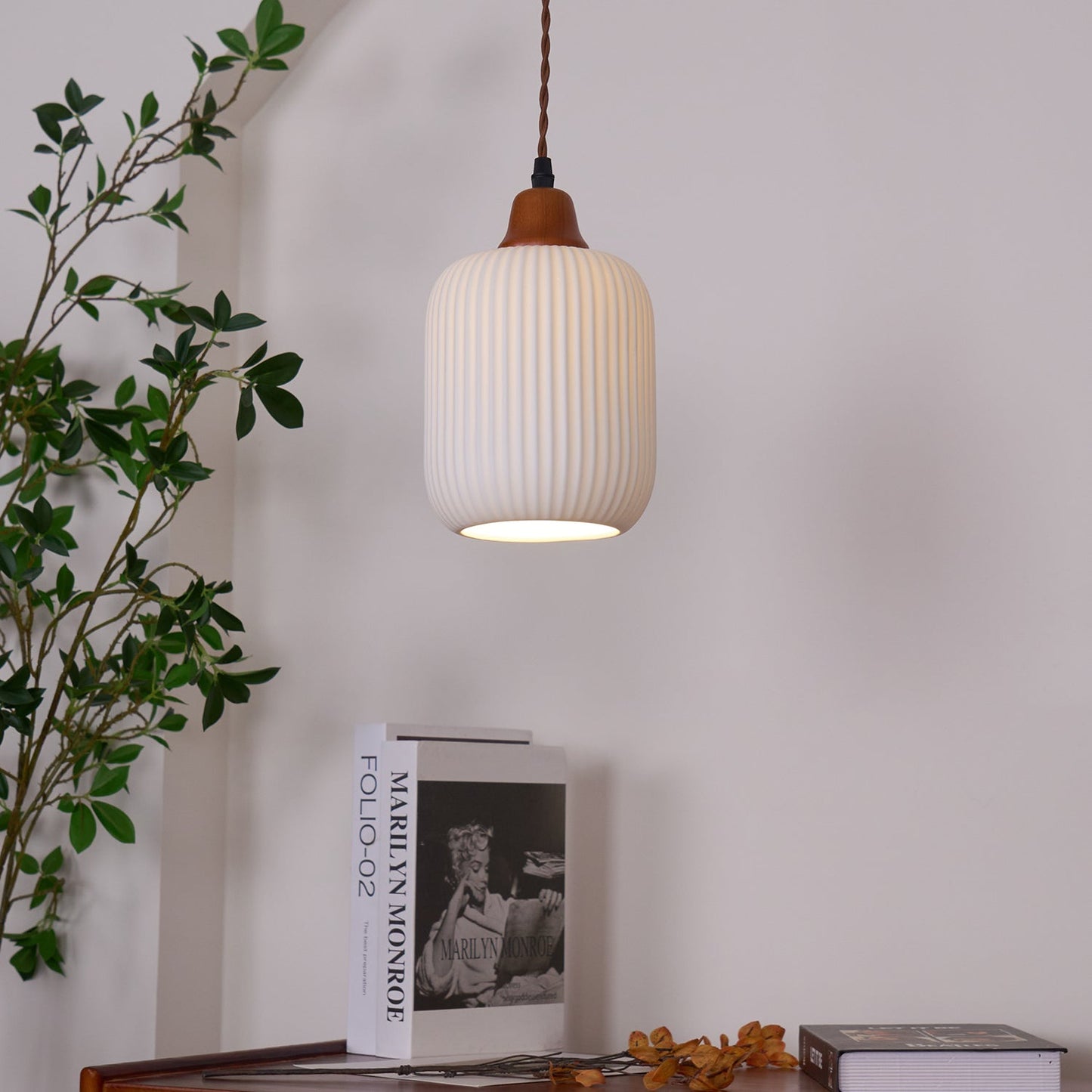 Ceramic Pendant Lamp with Wooden Accents and Grooved Design