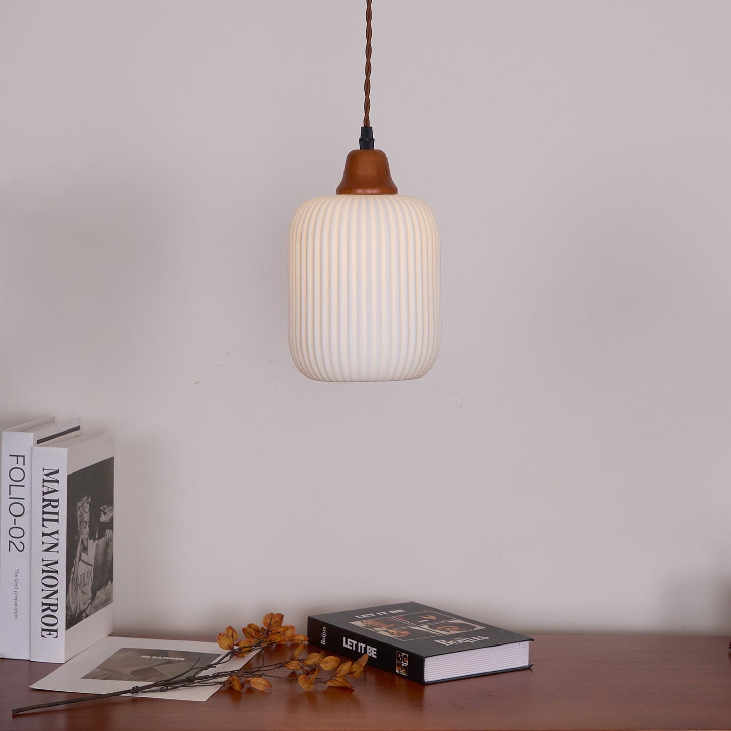 Ceramic Pendant Lamp with Wooden Accents and Grooved Design