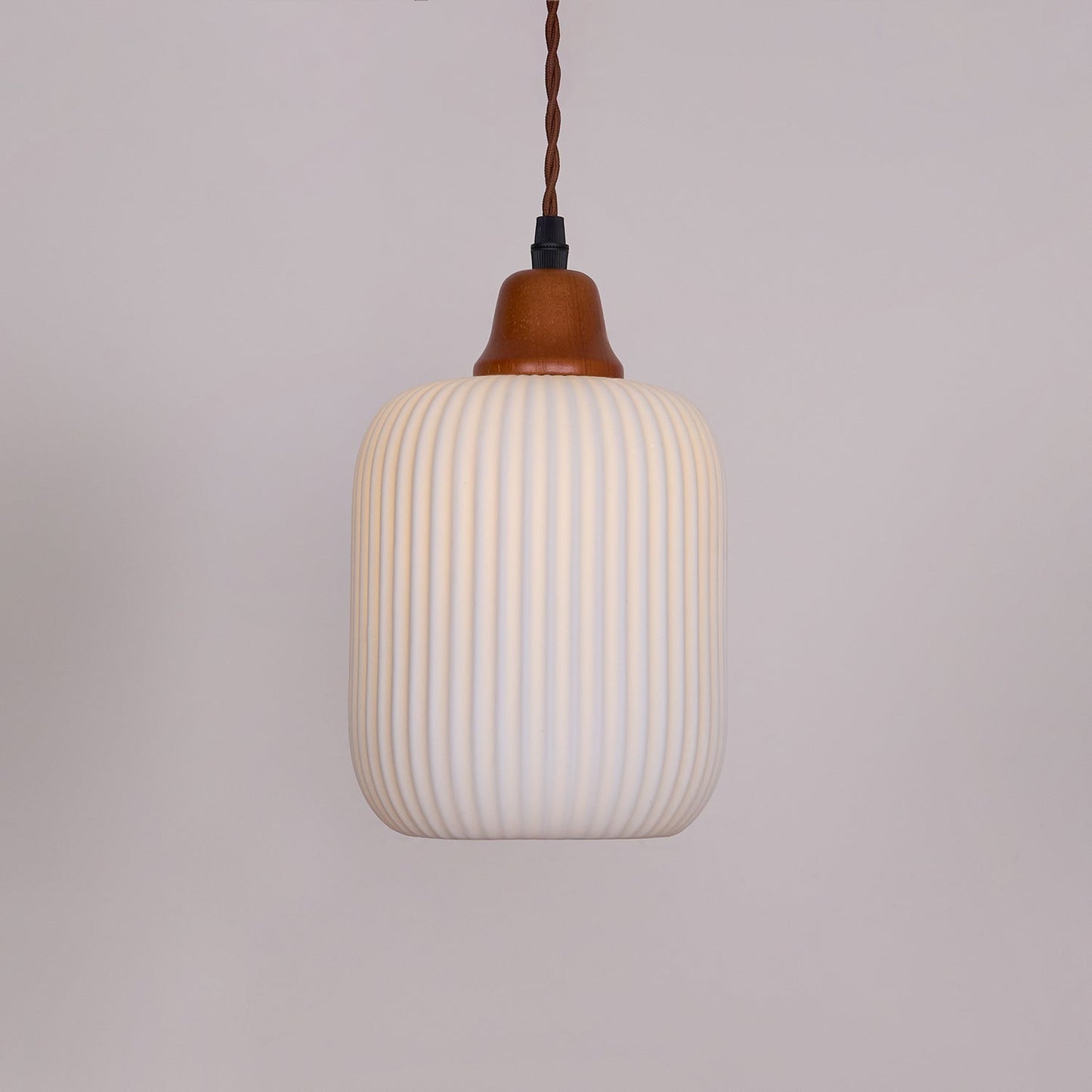 Ceramic Pendant Lamp with Wooden Accents and Grooved Design