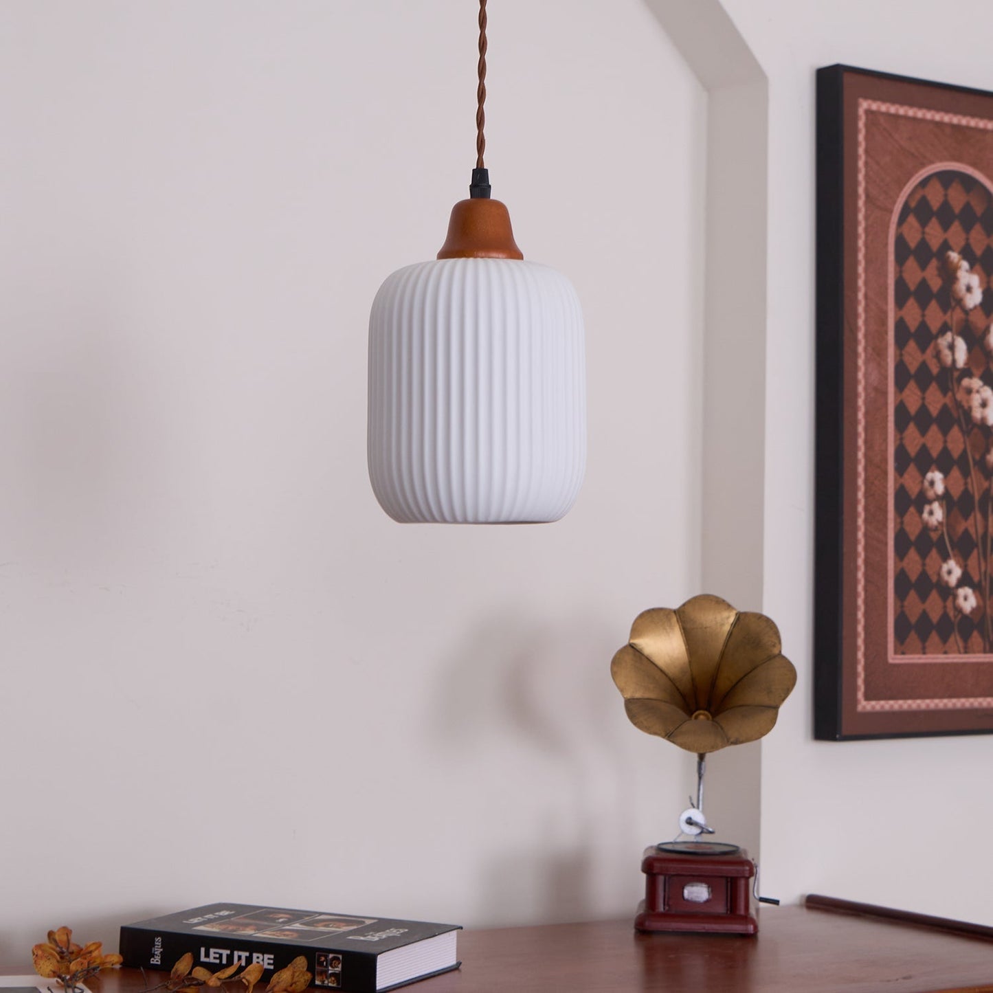 Ceramic Pendant Lamp with Wooden Accents and Grooved Design