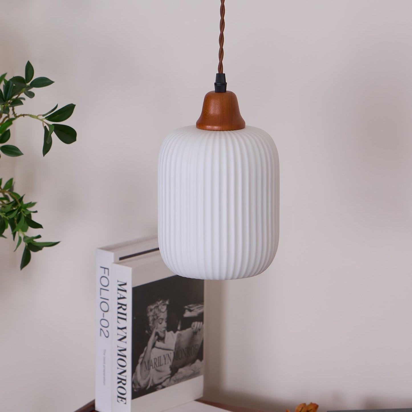 Ceramic Pendant Lamp with Wooden Accents and Grooved Design
