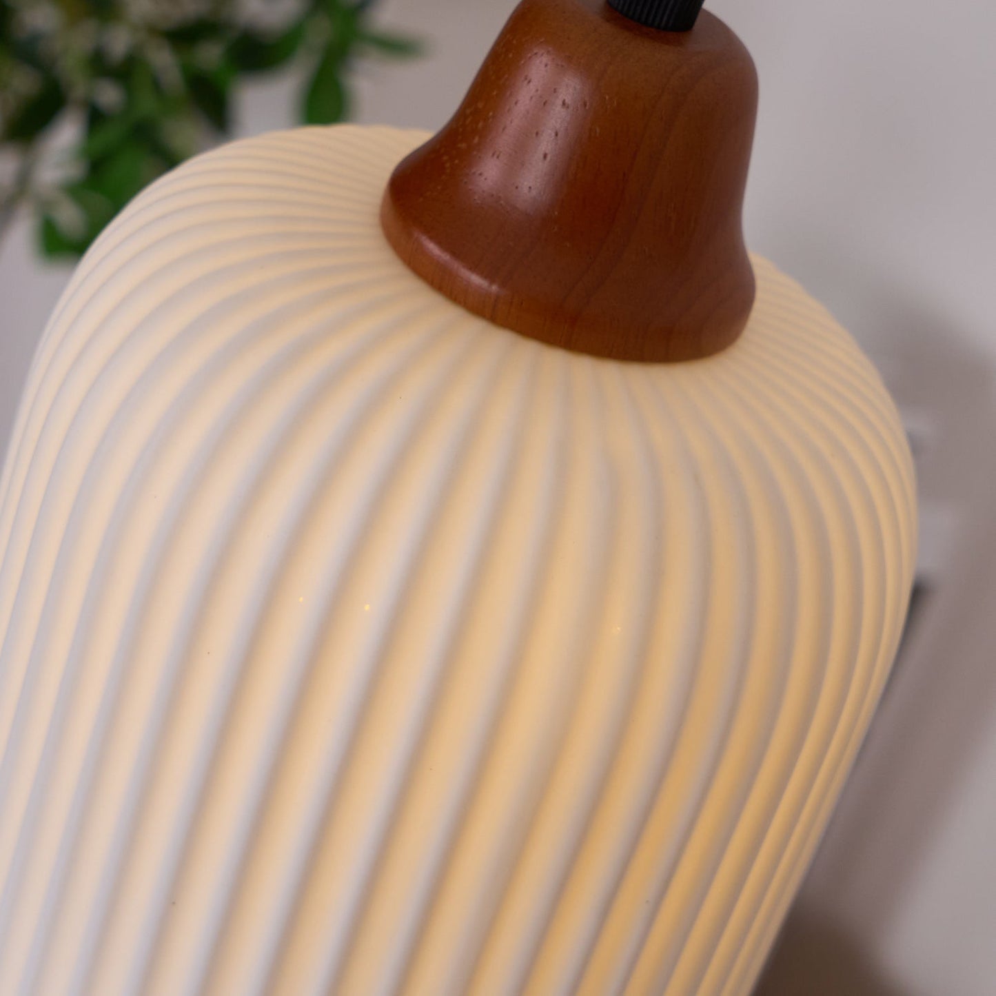Ceramic Pendant Lamp with Wooden Accents and Grooved Design