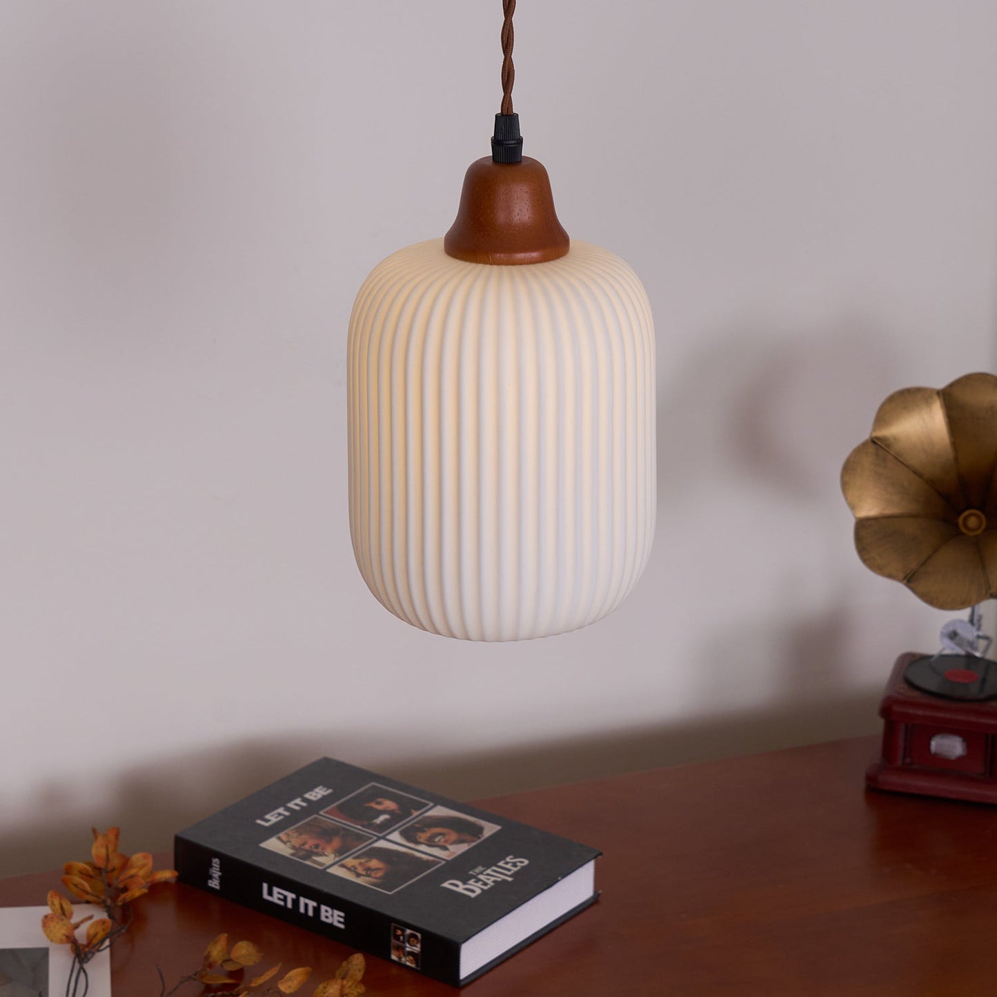 Ceramic Pendant Lamp with Wooden Accents and Grooved Design