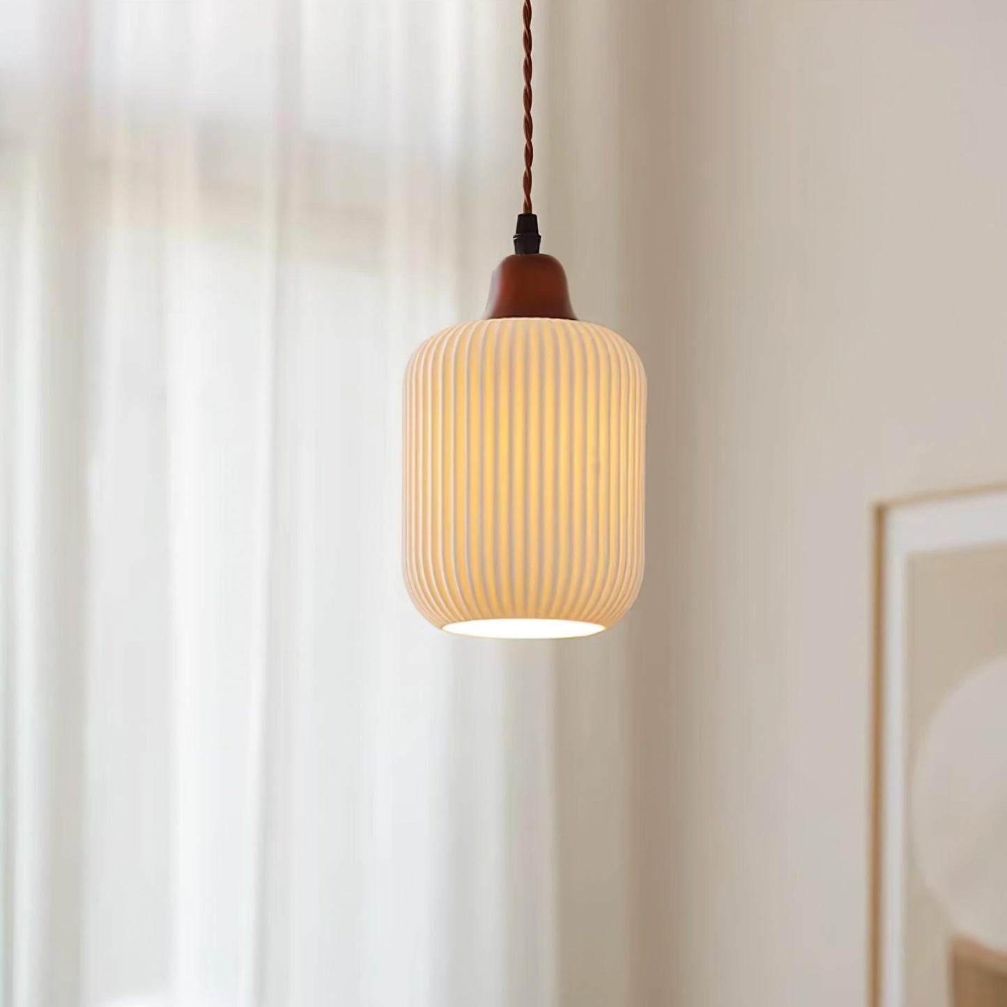 Ceramic Pendant Lamp with Wooden Accents and Grooved Design