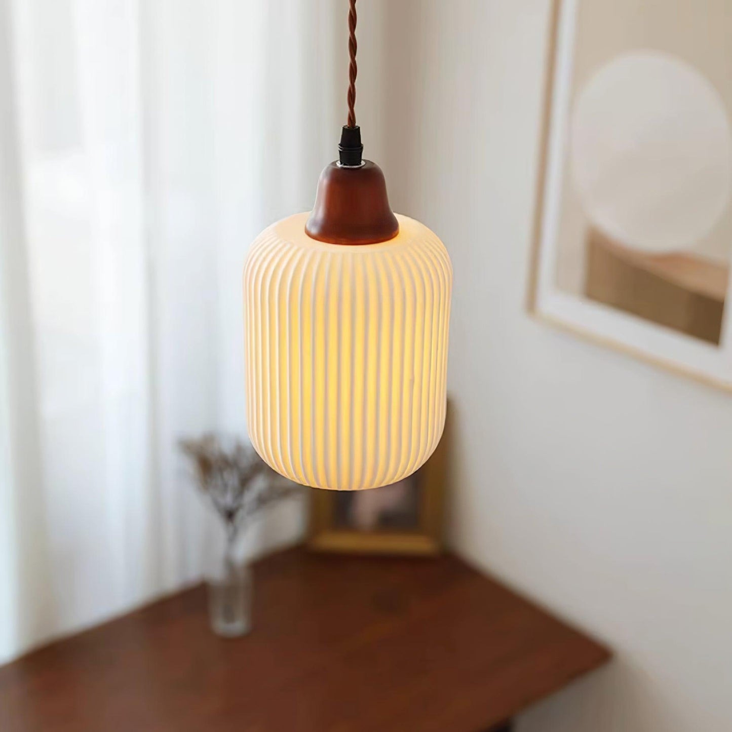 Ceramic Pendant Lamp with Wooden Accents and Grooved Design