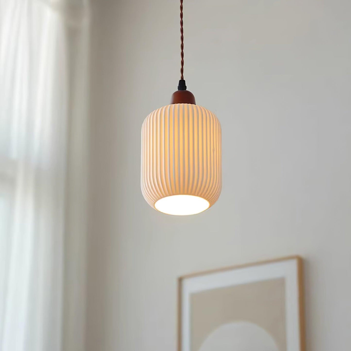 Ceramic Pendant Lamp with Wooden Accents and Grooved Design