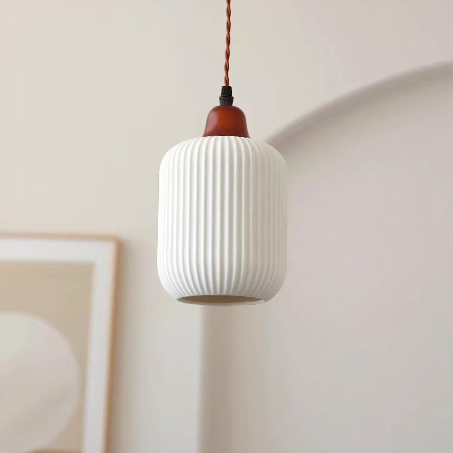 Ceramic Pendant Lamp with Wooden Accents and Grooved Design