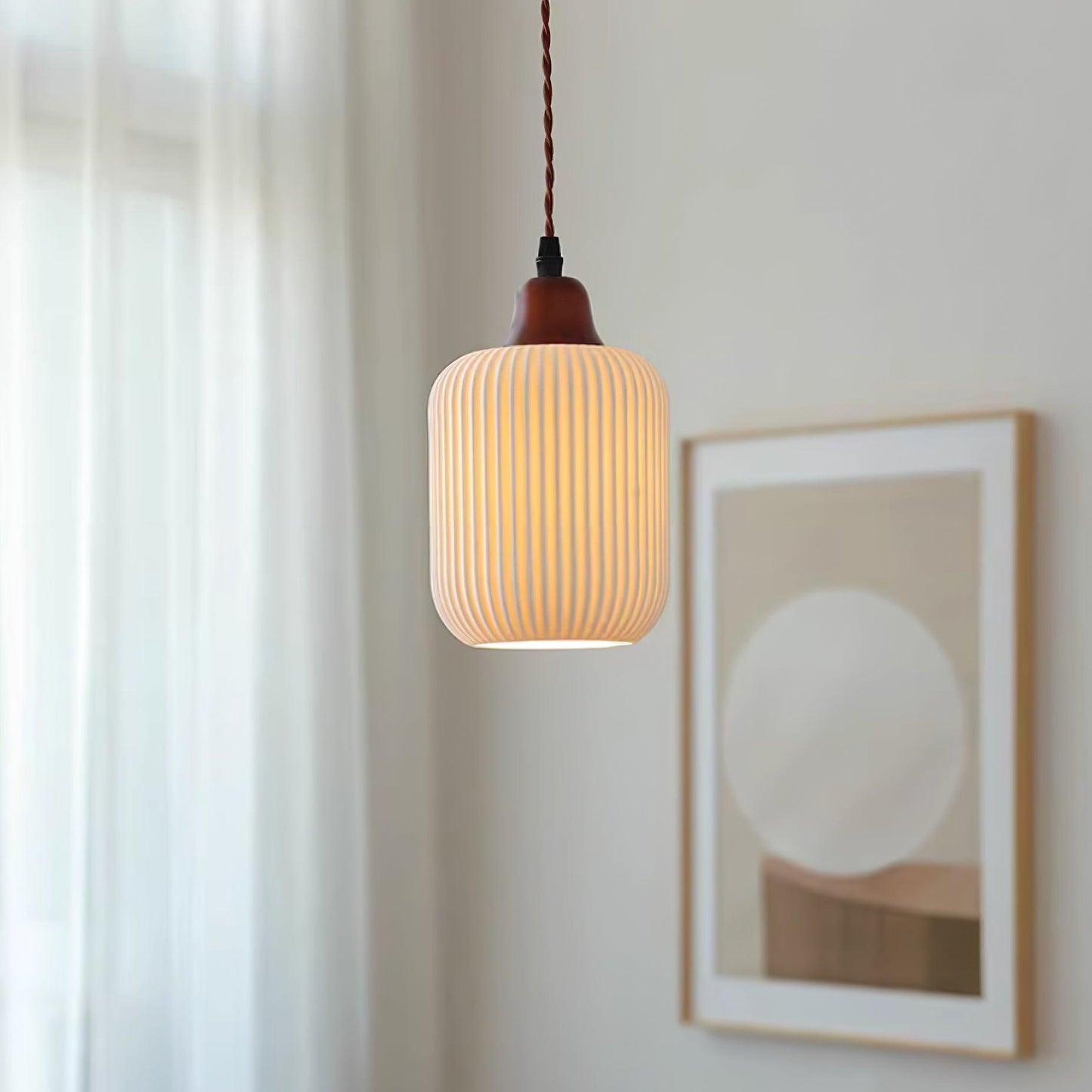 Ceramic Pendant Lamp with Wooden Accents and Grooved Design