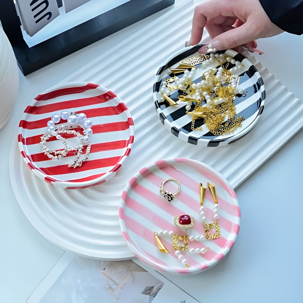 Ceramic Stripe Jewelry Tray for Rings and Earrings