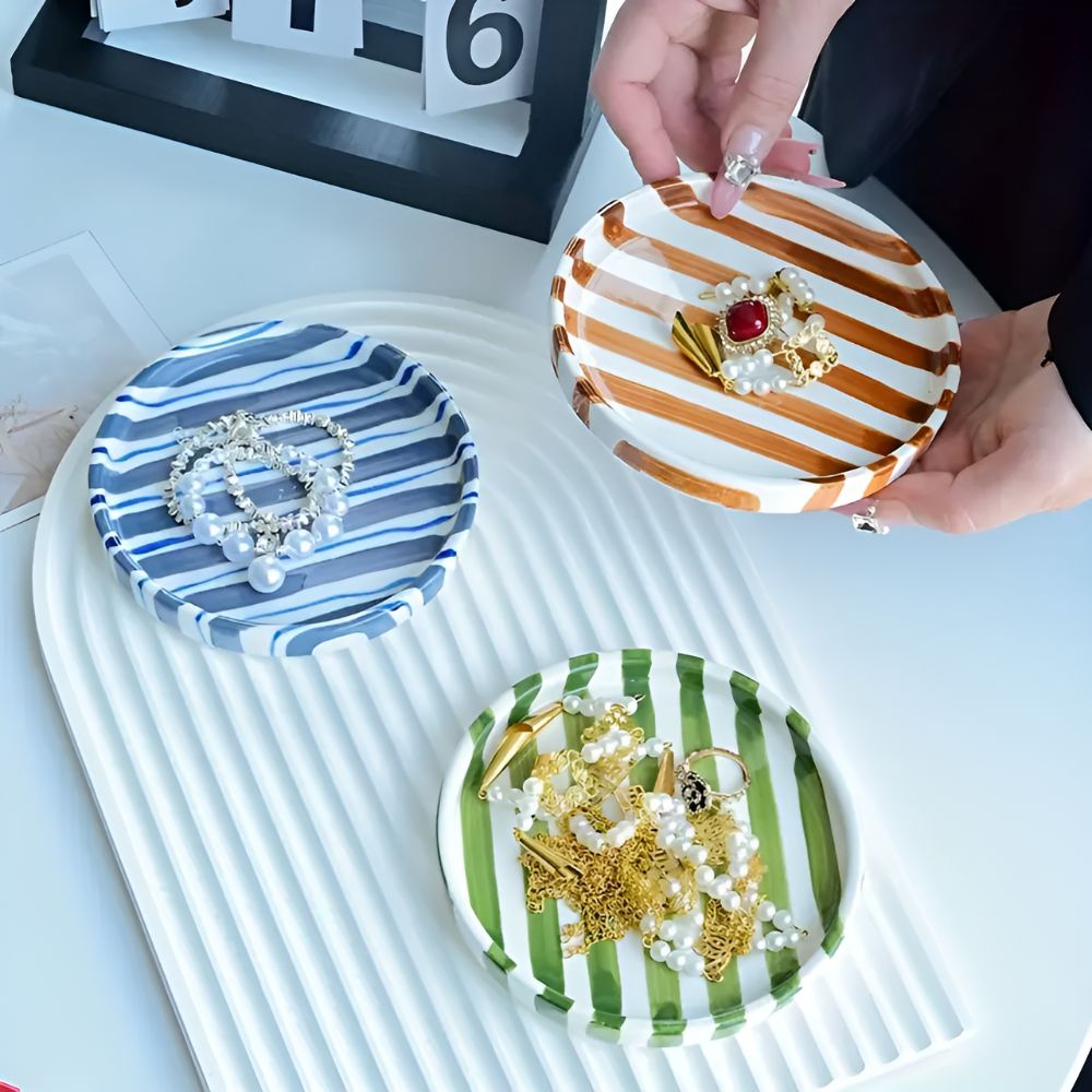 Ceramic Stripe Jewelry Tray for Rings and Earrings