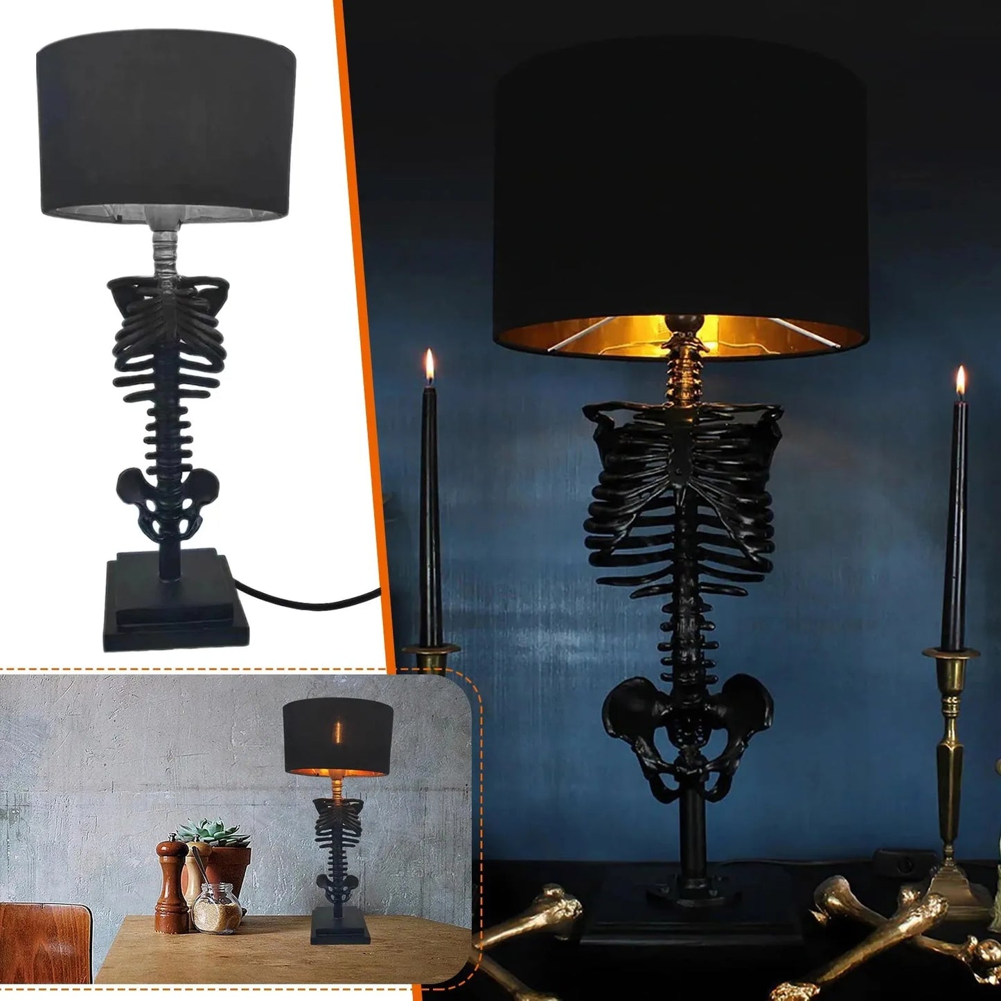Handcrafted Gothic Skeleton Table Lamp with USB Connector