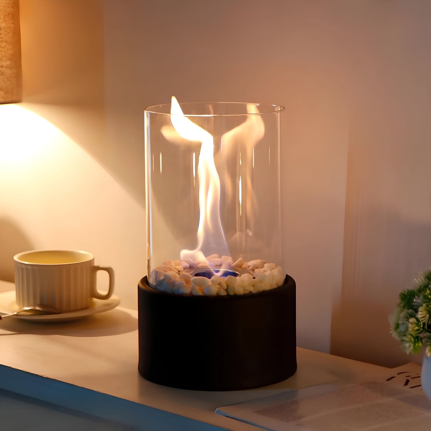 Portable Bioethanol Tabletop Fireplace with Glass Cylinder