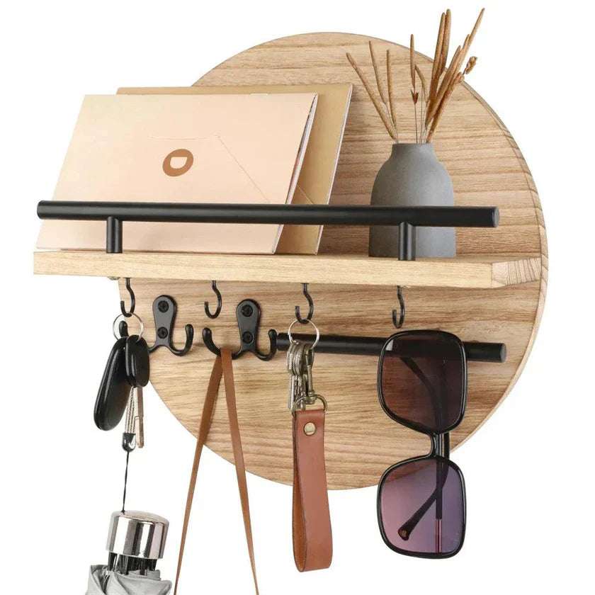 Round Wooden Key Holder Shelf with Hooks and Rail
